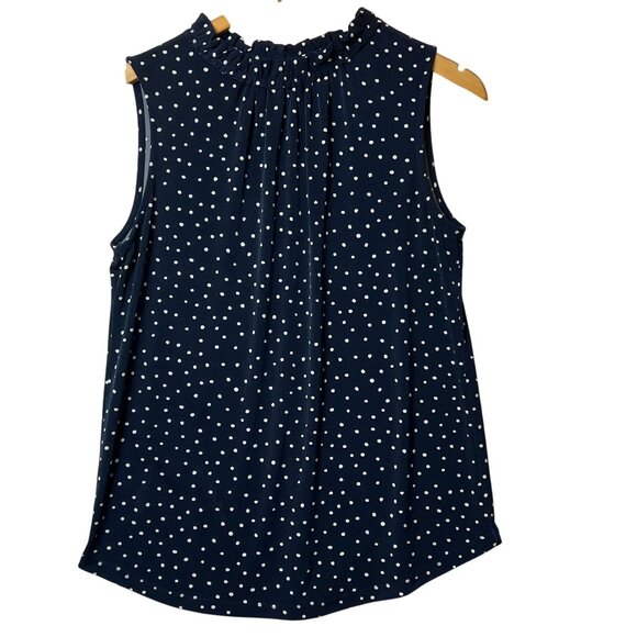 Ann Taylor Factory Navy Polka Dot Sleeveless Blouse With Ruffle Neckline - Size - Picture 1 of 11